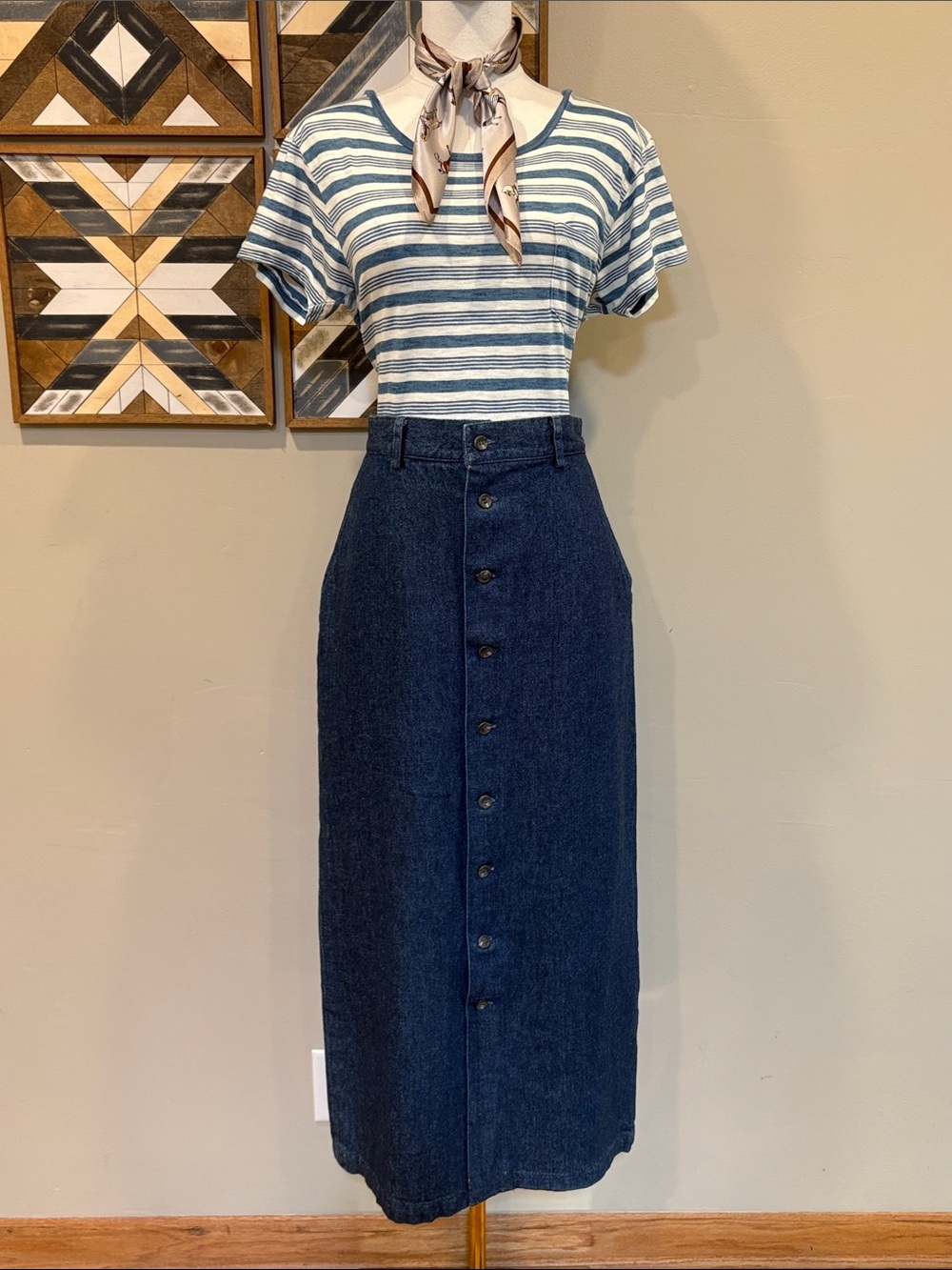Vintage Ralph Lauren Blue Label Cotton Denim Button-Front Midi Jean Skirt